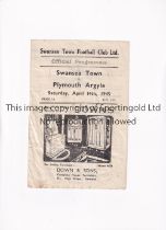 SWANSEA TOWN V PLYMOUTH ARGYLE 1945 Programme for the League match at Swansea 14/4/1945,