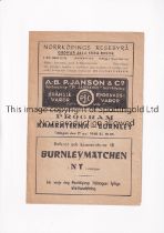 BURNLEY Programme for the away Friendly v Kamraterna 11/5/1948 in Sweden, slightly creased.