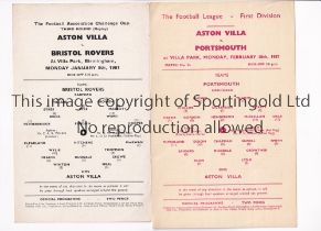 ASTON VILLA Two single sheet home programmes v Portsmouth 18/2/1957 and Bristol Rovers 9/1/1961 FA