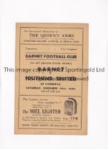 BARNET V SOUTHEND UNITED 1946 FA CUP Programme for the tie at Barnet 14/12/1946, team changes and