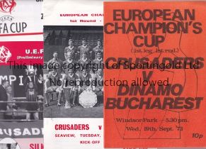 CRUSADERS Eight programmes for European Cup ties, 5 homes v Dinamo Bucharest 73/4, Liverpool 76/7,