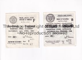 SCOTLAND V ENGLAND Two seat tickets for matches at Hampden Park 11/4/1964 and 24/2/1968, both very