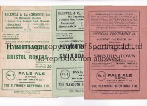 PLYMOUTH ARGYLE Three programmes for home Combination Cup ties v Swindon Town 22/3/1947, 24/1/