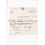 ENGLAND FOOTBALL AUTOGRAPHS 1935 A letter headed sheet from Theobalds Park Hotel before the match