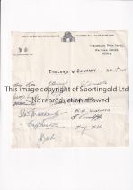 ENGLAND FOOTBALL AUTOGRAPHS 1935 A letter headed sheet from Theobalds Park Hotel before the match