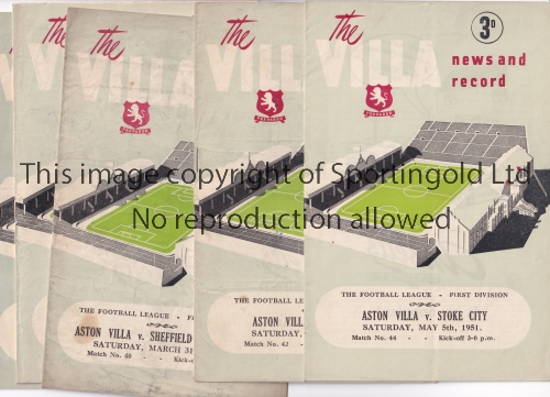 ASTON VILLA Five home programmes for the League match v Fulham 13/1/1951, Huddersfield 3/3/1951,