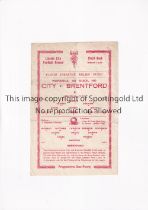 LINCOLN CITY V BRENTFORD 1953 Single sheet programme for the Flood Disaster Relief Fund Friendly