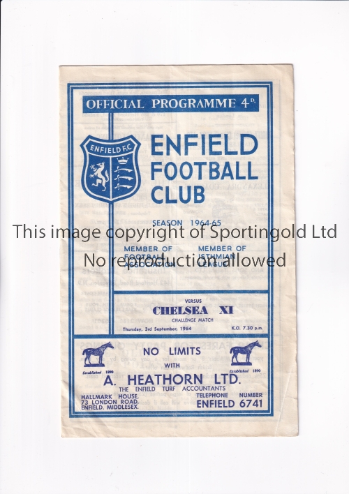 CHELSEA XI Programme for the away Challenge match v Enfield 3/9/1964, vertical crease, team changes.