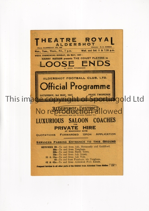 ALDERSHOT V EXETER CITY 1947 Programme for the League match at Aldershot 3/5/1947, horizontal