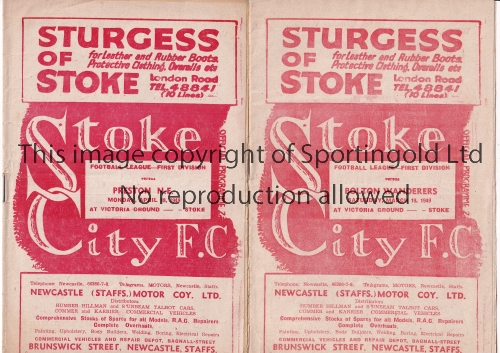 STOKE CITY Two home programmes for the League matches v Bolton Wanderers 19/3/1949 and Preston North