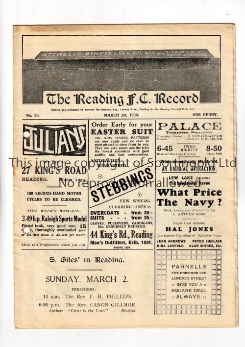 CHELSEA Programme for the away League match v Reading 1/3/1930, slight creases and punched holes.