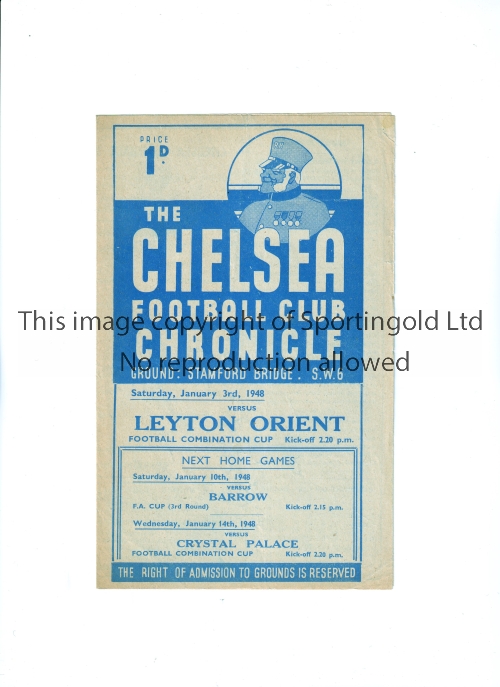 CHELSEA Programme for the home Football Combination Cup tie v Leyton Orient 3/1/1948, horizontal