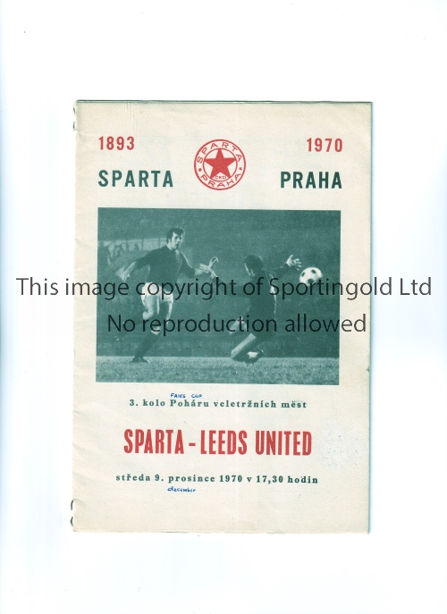 LEEDS UNITED Programme for the away Fairs Cup tie match v Sparta Prague 9/12/1970. Generally good
