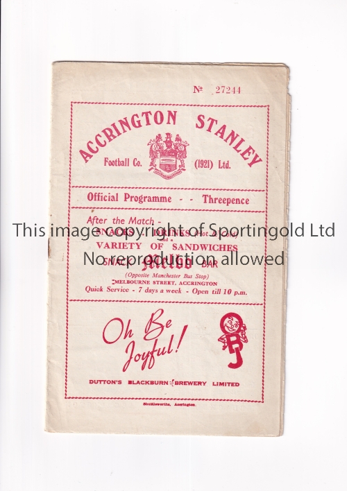 ACCRINGTON STANLEY V BLACKPOOL 1954 Programme for the Floodlight Friendly Lancashire Senior Cup