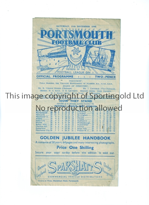 MANCHESTER UNITED Programme for the away League match v Portsmouth 11/12/1948, slight horizontal