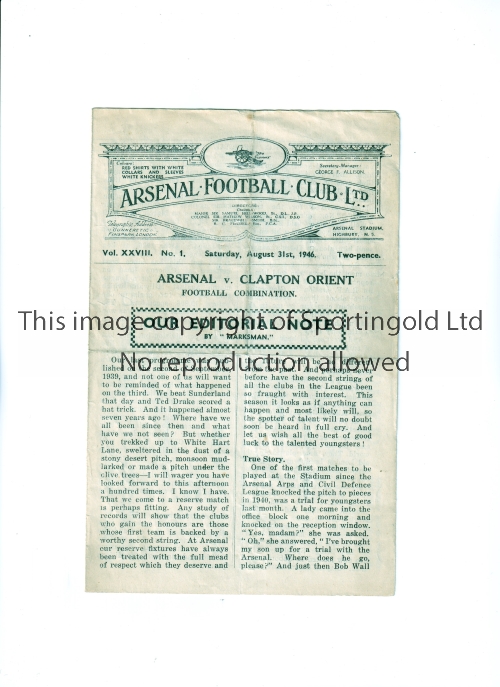 ARSENAL V CLAPTON ORIENT 1946 / FIRST MATCH AT HIGHBURY AFTER WWII Programme for the Football