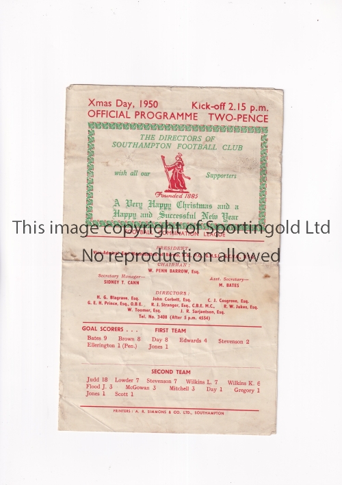SOUTHAMPTON V CHARLTON ATHLETIC 1950 Programme for the Football Combination match at Southampton