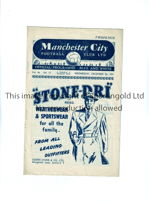CHELSEA Programme for the away League match v Manchester City 26/12/1951, slight horizontal