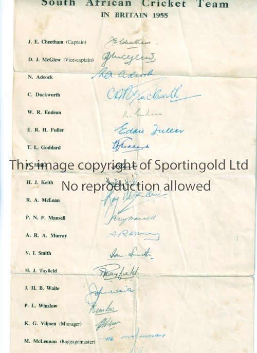 SOUTH AFRICA CRICKET AUTOGRAPHS 1955 A headed sheet for the Tour in Britain 1955 hand signed by