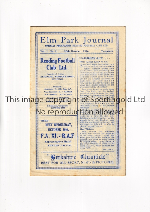 READING V EXETER CITY 1946 The first Elm Park Journal (Vol. 1 No. 1) programme for the League