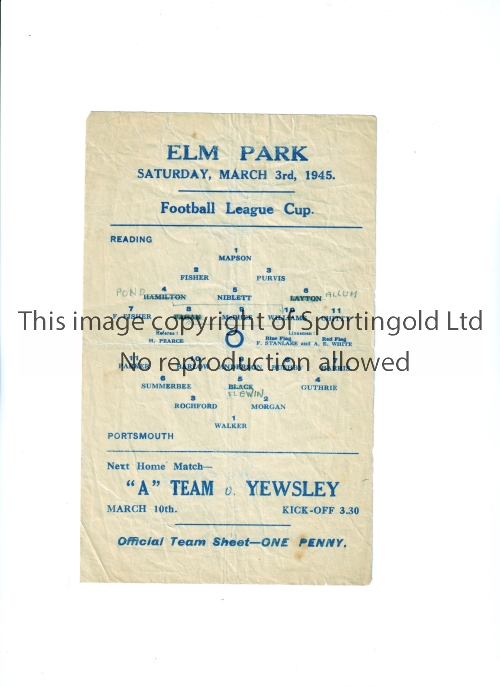 READING V PORTSMOUTH 1945 Single sheet programme for the Football League South Cup tie at Reading