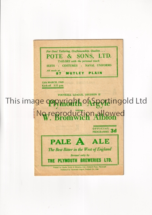 PLYMOUTH ARGYLE V WEST BROMWICH ALBION 1949 Programme for the League match at Plymouth 12/3/1949,