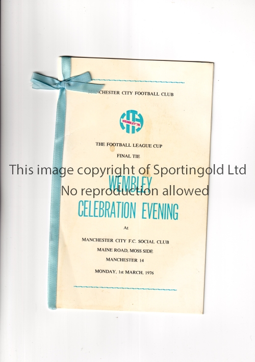 MANCHESTER CITY Menu celebrating appearance in the 1976 League Cup Final at the Manchester City