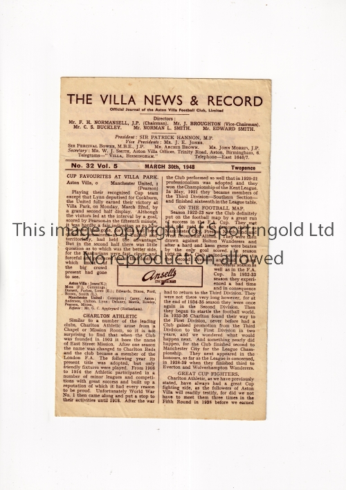 ASTON VILLA V CHARLTON ATHLETIC 1948 Programme for the League match at Aston Villa 30/3/1948, slight