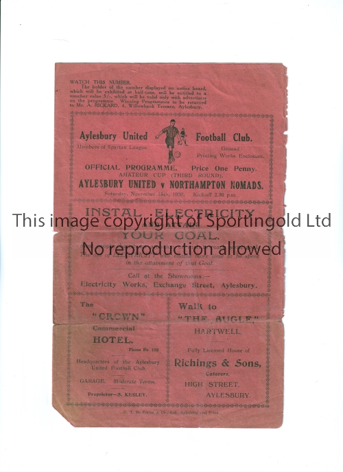 AYLESBURY UNITED V NORTHAMPTON NOMADS 1930 AMATEUR CUP Programme for the tie at Aylesbury 15/11/