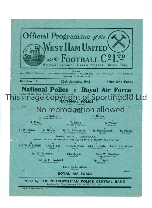 NATIONAL POLICE V R.A.F. 1943 AT WEST HAM UNITED F.C. Single sheet programme for the match at the