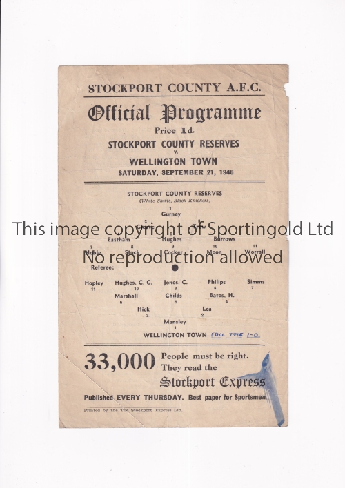STOCKPORT COUNTY V WELLINGTON TOWN 1946 Single sheet programme for the Cheshire League match at