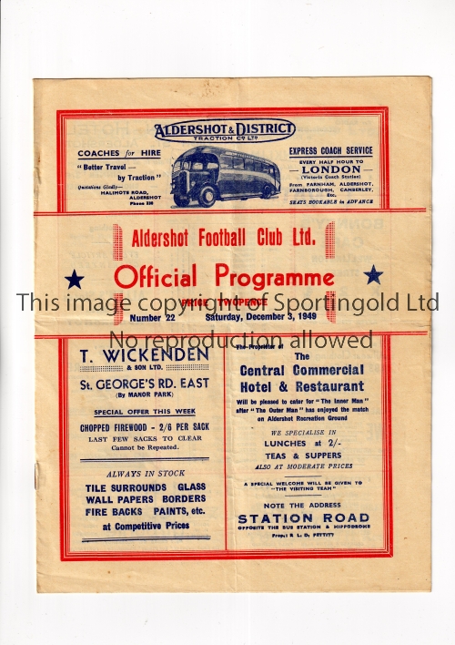 ALDERSHOT V PORT VALE 1949 Programme for the League match at Aldershot 3/12/1949, horizontal