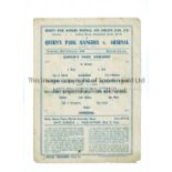 QPR V ARSENAL 1944 Single sheet programme for the London Cup match at QPR on 26/2/44, folded and