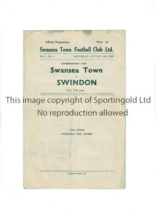 SWANSEA TOWN V SWINDON 1947 Programme for the Combination Cup tie at Swansea 18/1/1947, horizontal