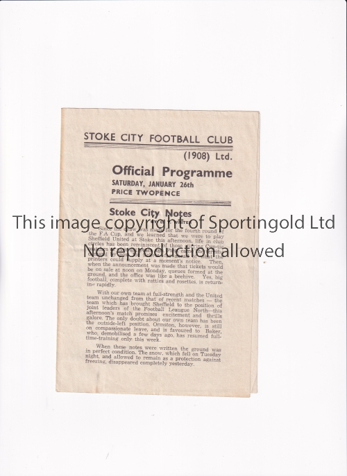 1945/6 FA CUP / STOKE CITY V SHEFFIELD UNITED Programme for the tie at Stoke 26/1/1946, slightly