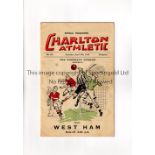 CHARLTON ATHLETIC V WEST HAM UNITED 1933 Programme for the League match at Charlton 8/4/1933.