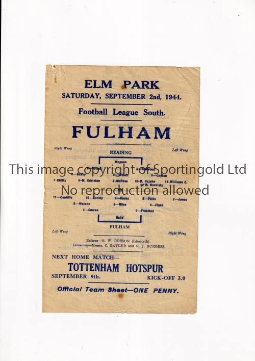 READING V FULHAM 1944 Single sheet programme for the FL South match at Reading 2/9/1944,