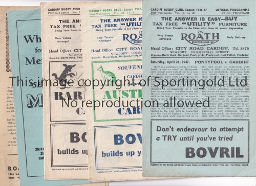 RUGBY UNION Five programmes including 4 Cardiff homes v Pontypool 26/4/1947, Australia 27/9/1947,