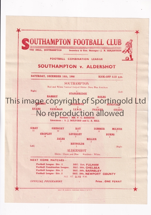 SOUTHAMPTON V ALDERSHOT 1946 Single sheet programme for the Combination match at Southampton 14/12/