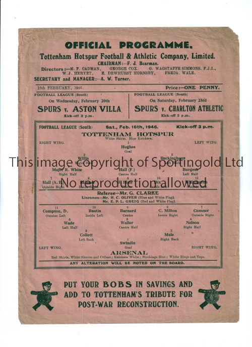 TOTTENHAM HOTSPUR V ARSENAL 1946 Single sheet programme for the FL South match at Tottenham 16/2/
