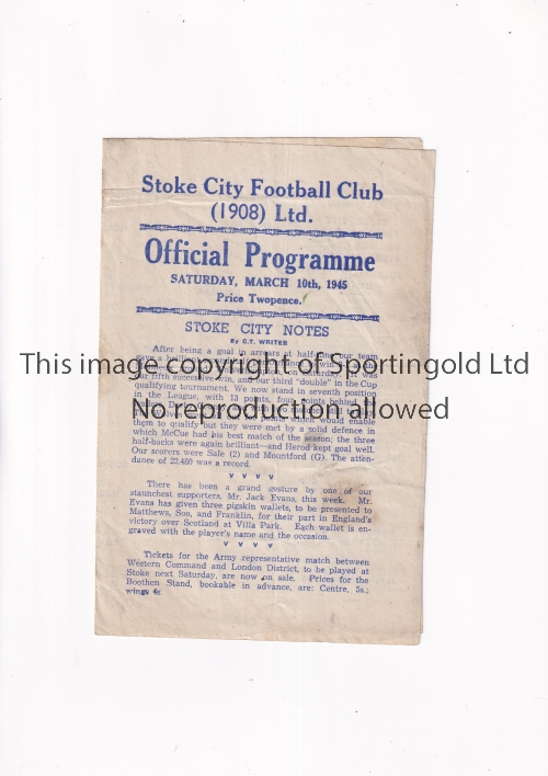 STOKE CITY V CREWE ALEXANDRA 1945 Programme for the War League match at Stoke 10/3/1945, slightly