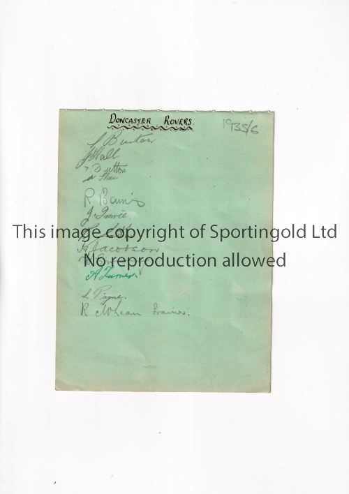 DONCASTER ROVERS 1935/6 AUTOGRAPHS An album sheet signed by 12 players including Payne, Farmer,