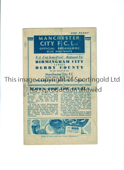 1946 FA CUP SEMI-FINAL REPLAY AT MANCHESTER CITY F.C. / BIRMINGHAM CITY V DERBY COUNTY Programme for