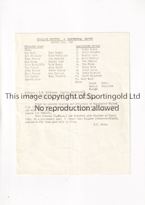 MANCHESTER UNITED Single sheet programme for the away Friendly v Nuneaton Borough 2/8/1980, slight