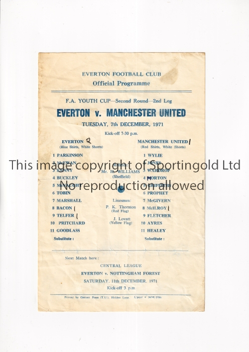 MANCHESTER UNITED Single sheet programme for the away F.A. Youth Cup tie v Everton 7/12/1971,