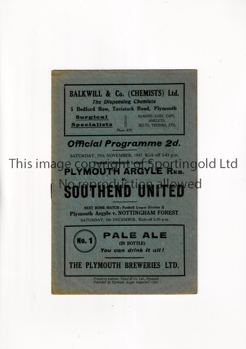 PLYMOUTH ARGYLE V SOUTHEND UNITED 1947 Programme for the Combination match at Plymouth 29/11/1947,