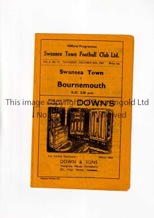 SWANSEA TOWN V BOURNEMOUTH 1947 Programme for the League match at Swansea 20/12/1947, slight