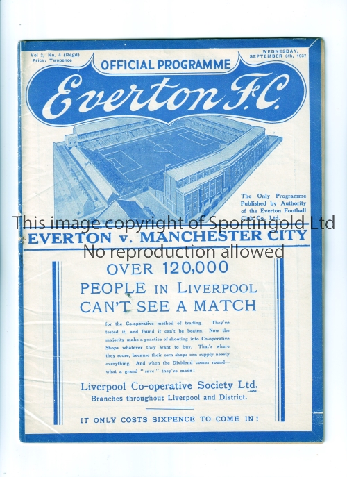 EVERTON V MANCHESTER CITY 1937 Programme for the League match at Everton 8/9/1937, staple removed,