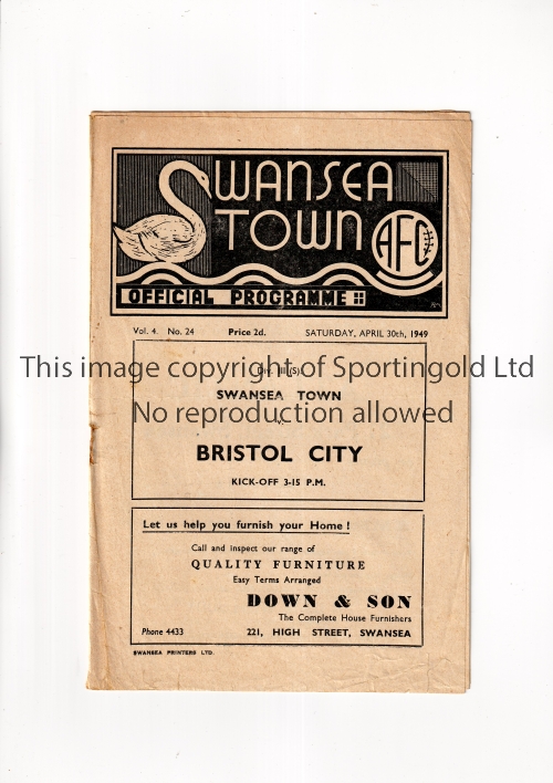 SWANSEA TOWN V BRISTOL CITY 1949 Programme for the League match at Swansea 30/4/1949, horizontal