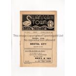 SWANSEA TOWN V BRISTOL CITY 1949 Programme for the League match at Swansea 30/4/1949, horizontal